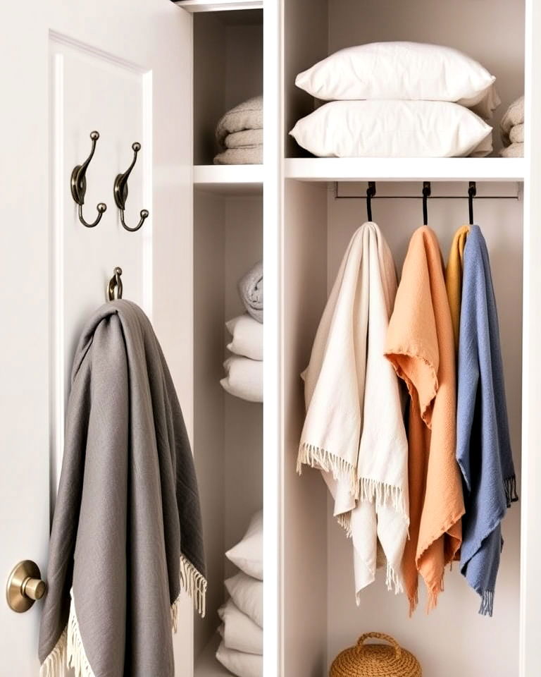 install hanging hooks inside the closet - 30 Linen Closet Organization Ideas