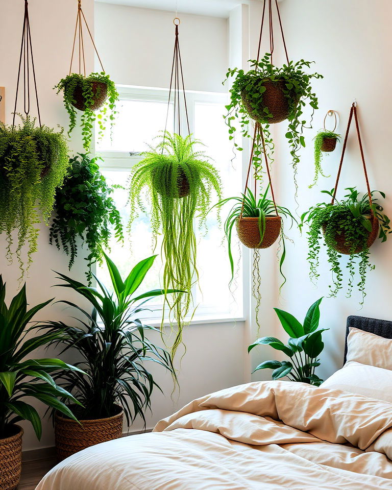 install hanging plants and greenery - 20 Forest-Themed Bedroom Ideas