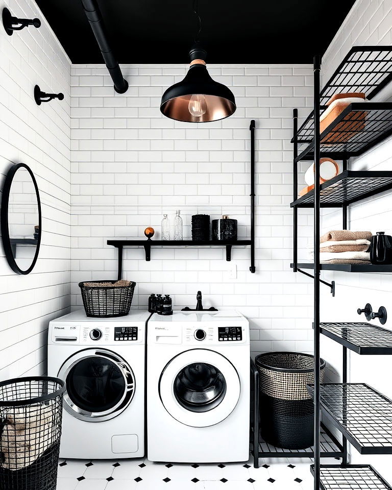 install industrial style black fixtures - 15 Black and White Laundry Room Ideas