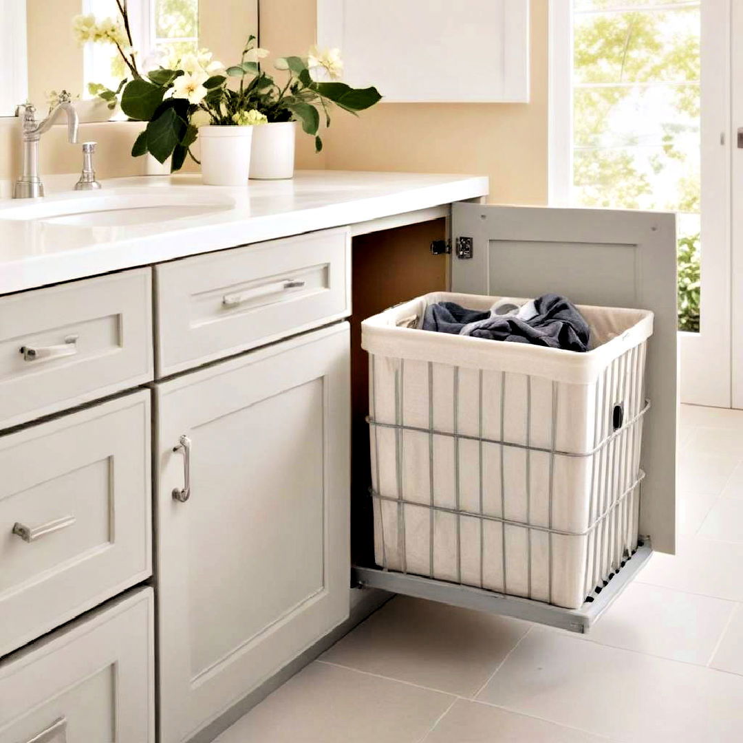 install laundry hamper in the cabinetry - 25 Bathroom Cabinet Ideas
