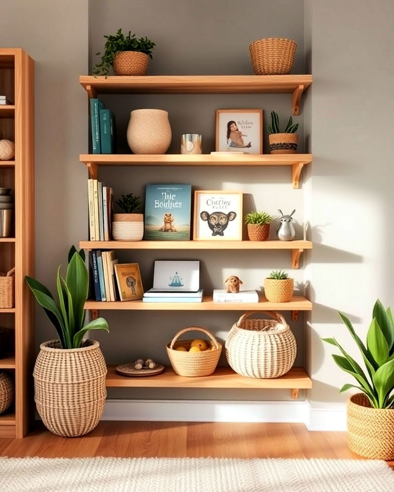 install low wooden shelves - 20 Boho Toddler Room Ideas