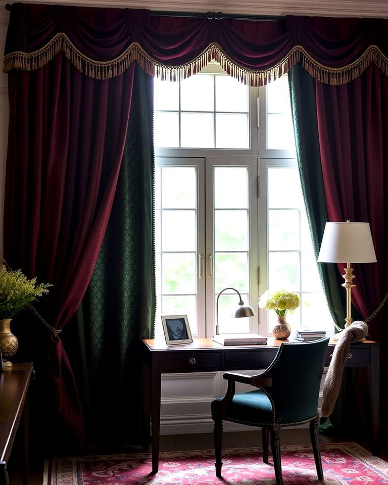 install luxurious heavy drapes - 20 Dark Academia Home Office Ideas