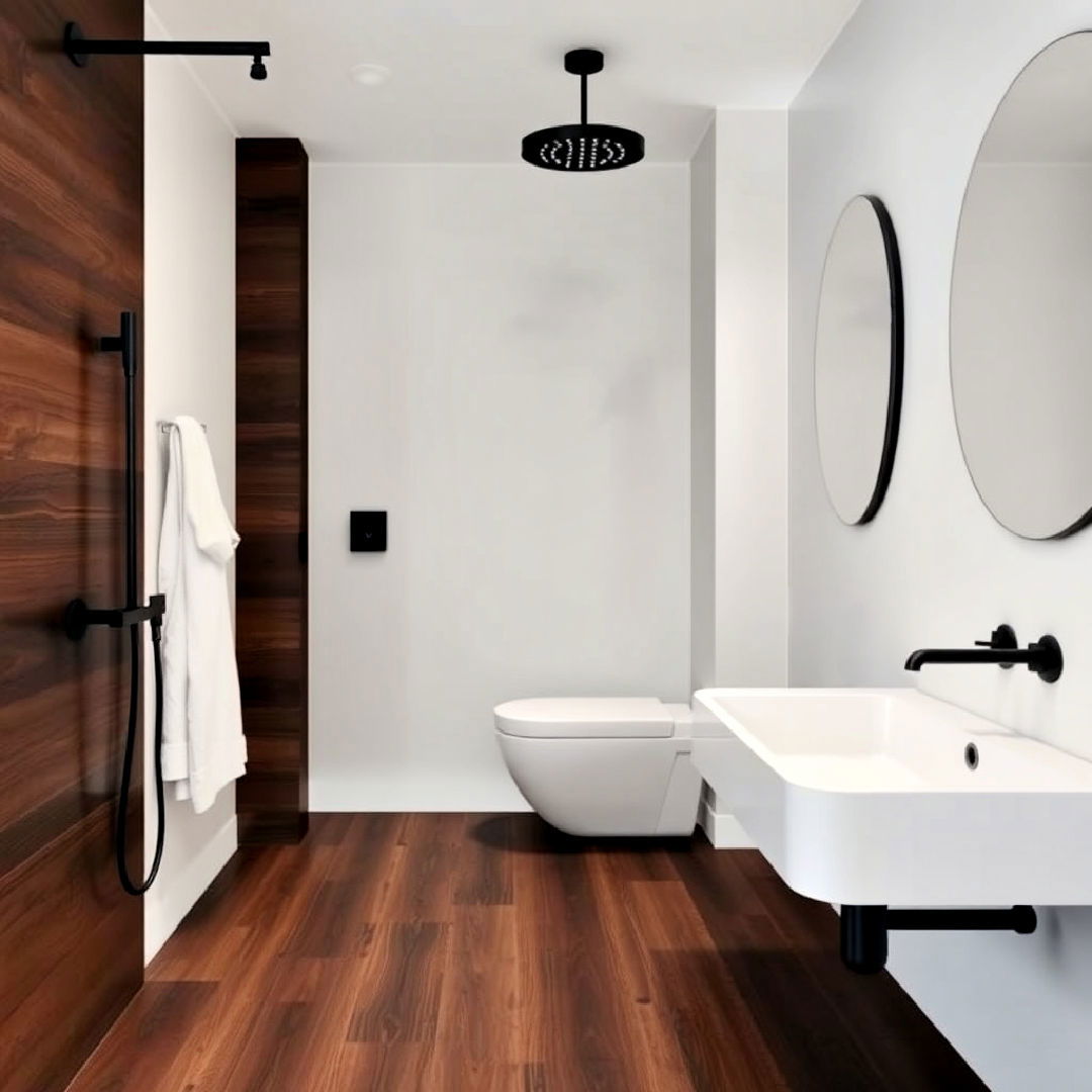 install matte black fixtures - 25 Dark Wood Floor Bathroom Ideas