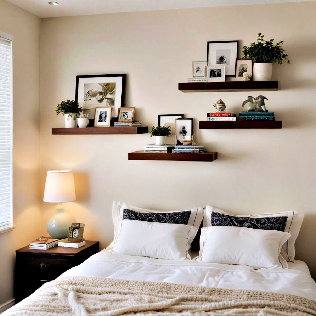 install modern floating shelves - 40 Cozy Bedroom Ideas
