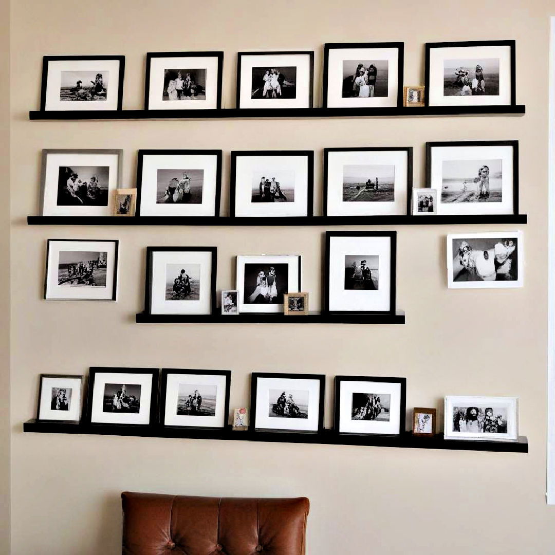 install narrow ledges to display photos - 40 Photo Wall Ideas