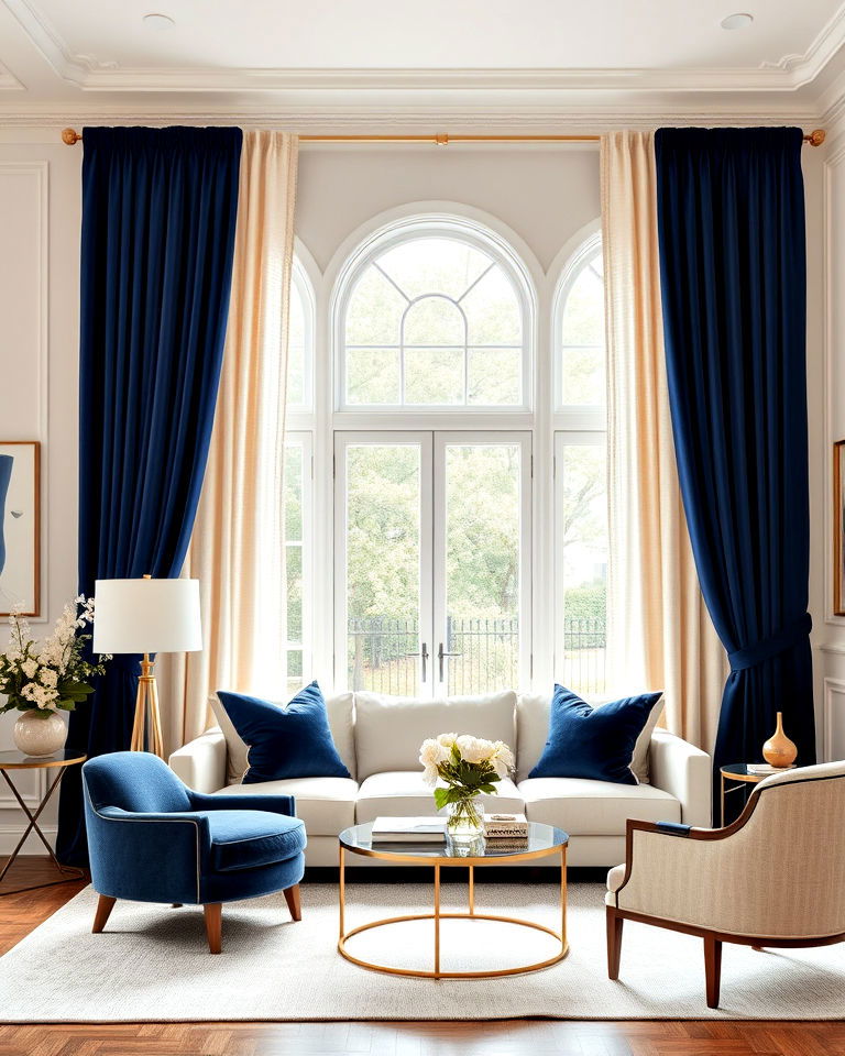 install navy and cream curtains - 25 Navy and Cream Living Room Ideas