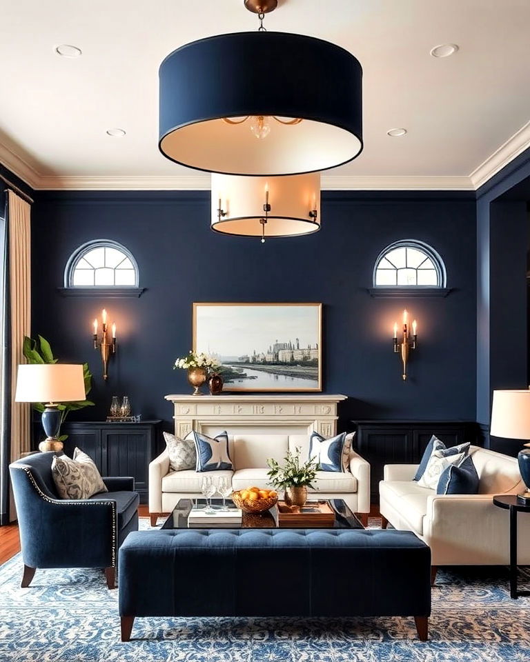 install navy and cream lighting fixtures - 25 Navy and Cream Living Room Ideas