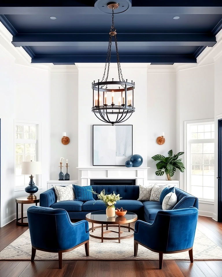 install navy blue lighting fixtures - 25 Navy Blue Living Room Ideas