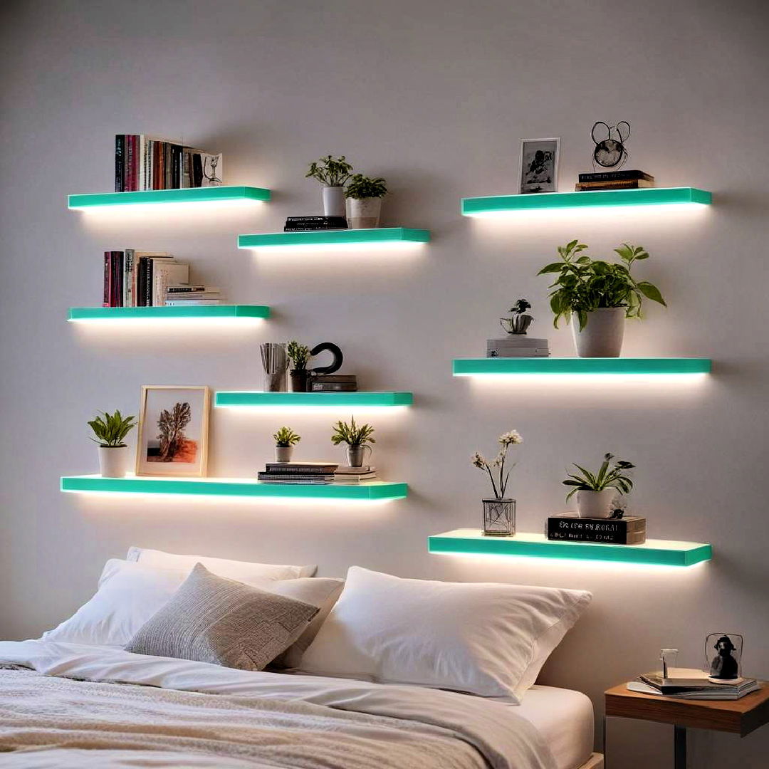 install neon floating shelves - 30 Neon Bedroom Ideas