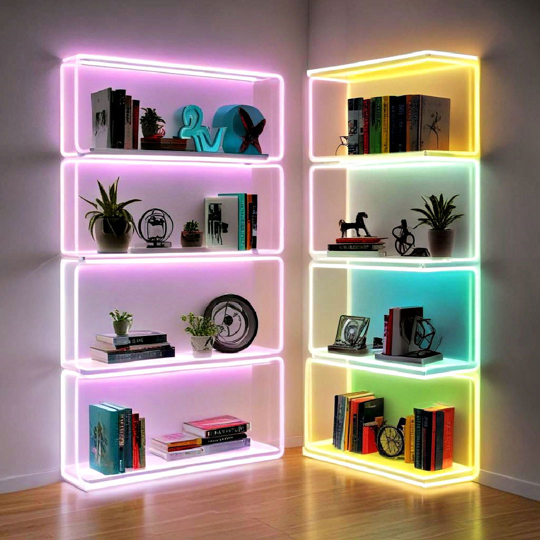 install neon lit shelves - 30 Neon Bedroom Ideas