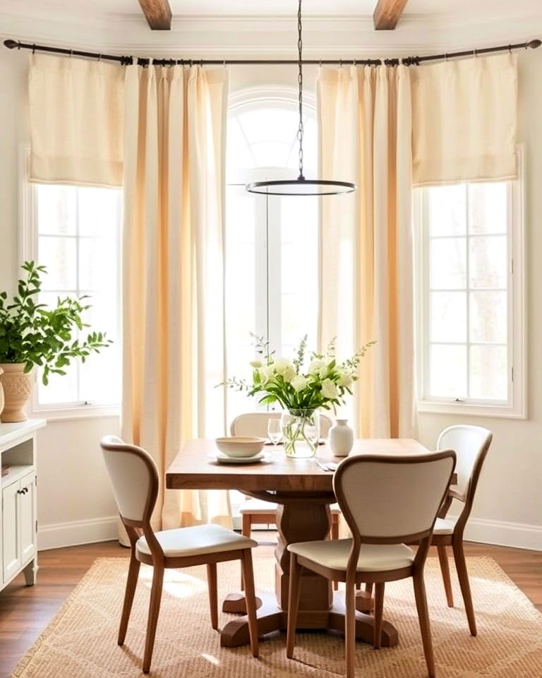 install neutral linen curtains - 30 Cottagecore Dining Room Ideas