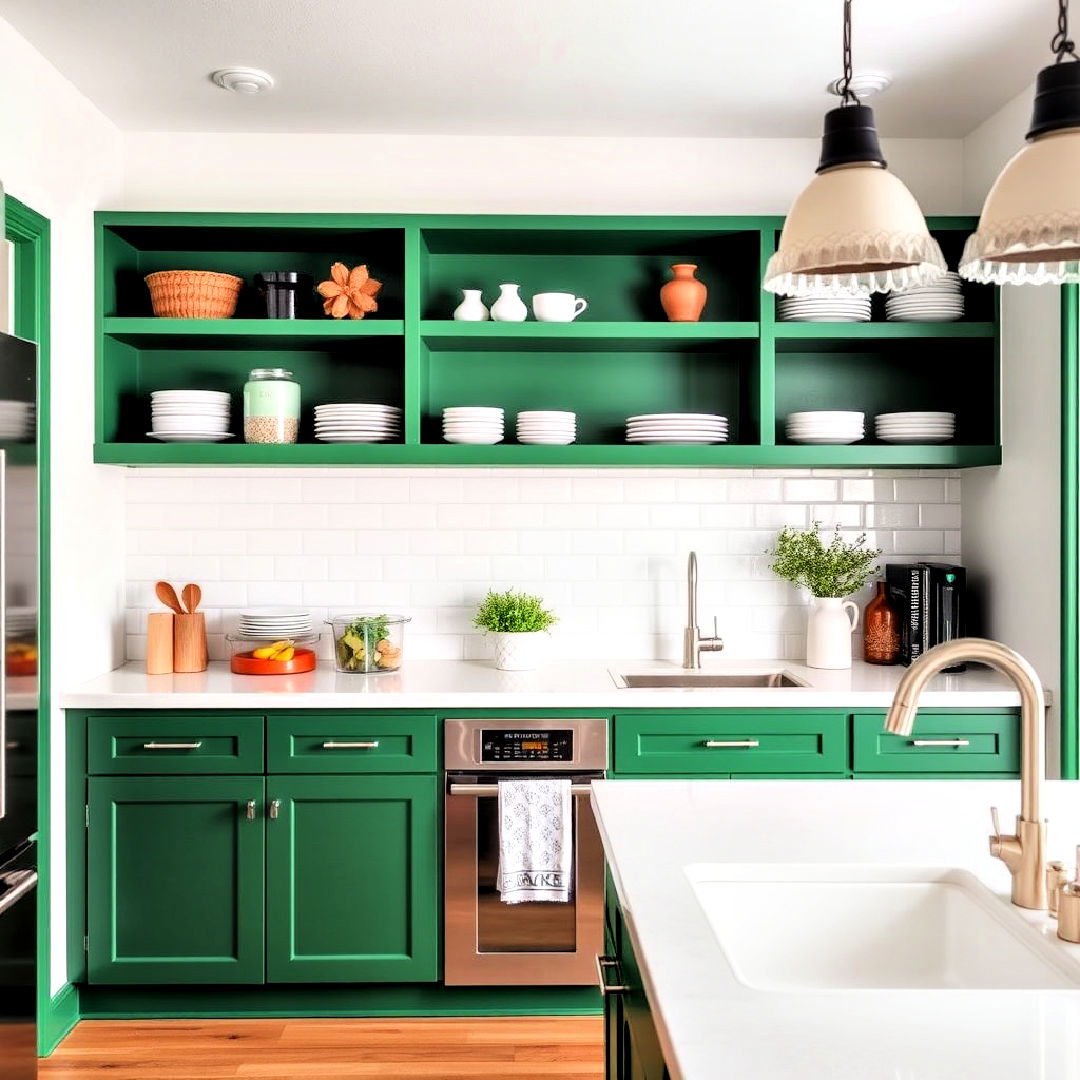 install open shelving with green accents - 25 Emerald Green Kitchen Ideas