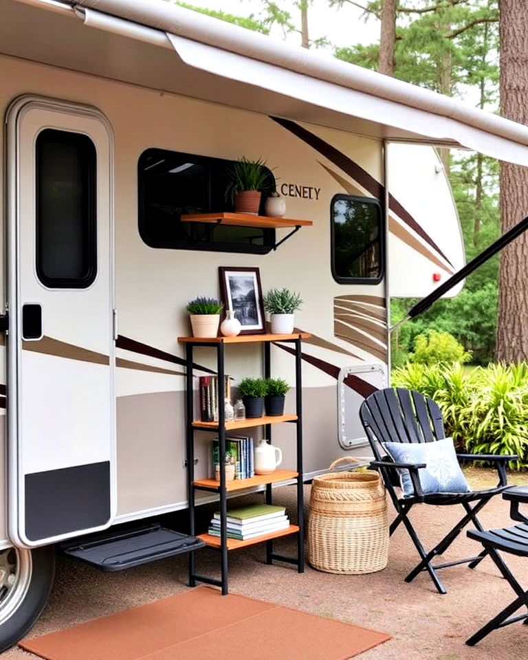 install outdoor shelves for extra space - 30 Rv Campsite Decorating Ideas