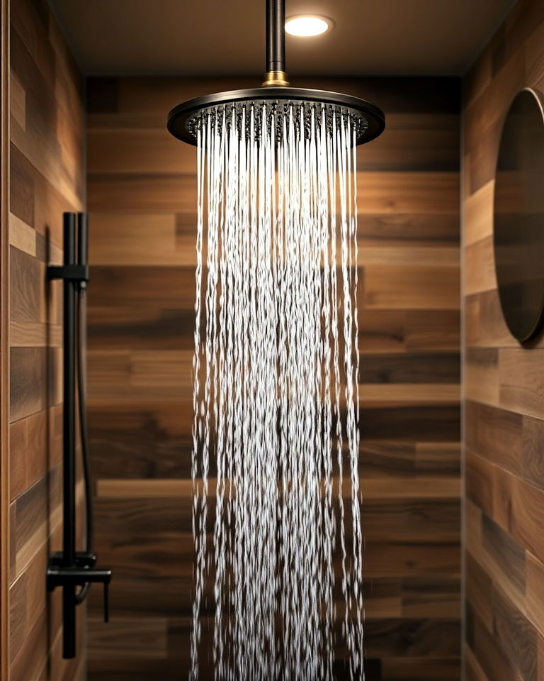 install rainfall showerhead with a vintage finish - 25 Rustic Walk-in Shower Ideas