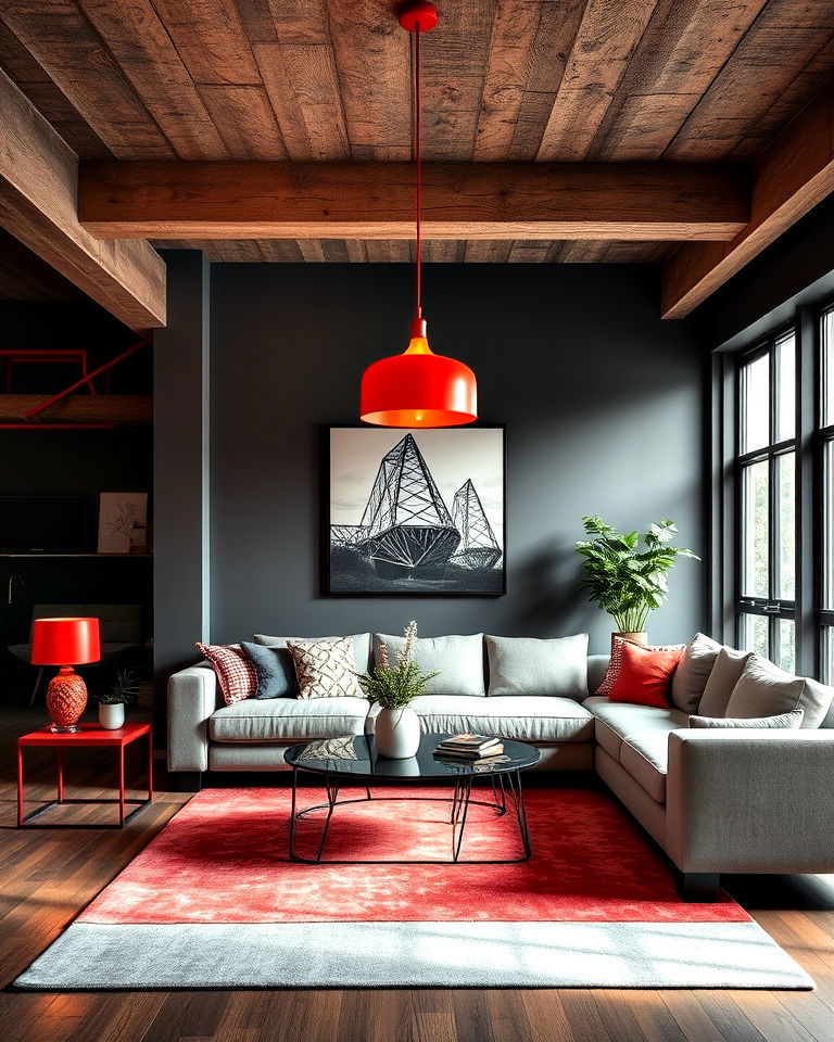 install red lighting fixtures - 25 Red and Grey Living Room Ideas
