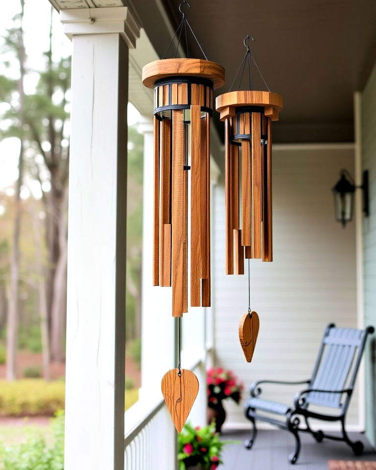install rustic wood and metal wind chimes - 30 Rustic Porch Ideas