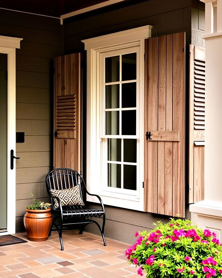 install rustic wooden shutters - 30 Colonial Front Porch Ideas