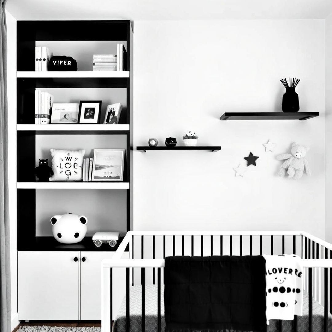install scandinavian style black and white shelving - 25 Black and White Nursery Ideas