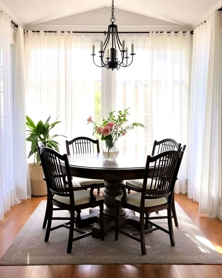 install sheer curtains for soft glow - 25 Sunroom Dining Room Ideas