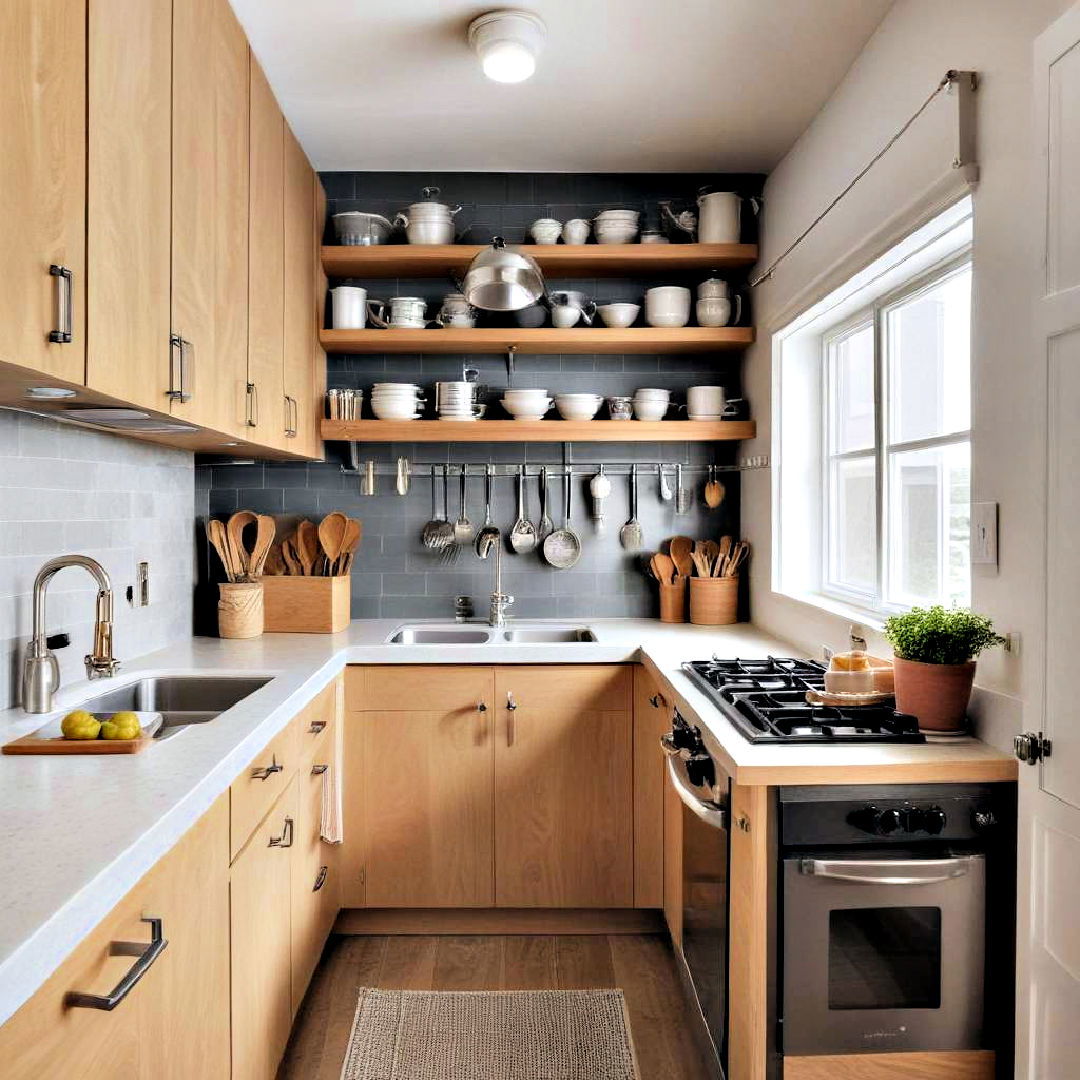 install shelves to utilize vertical space - 30 Small Galley Kitchen Ideas on a Budget