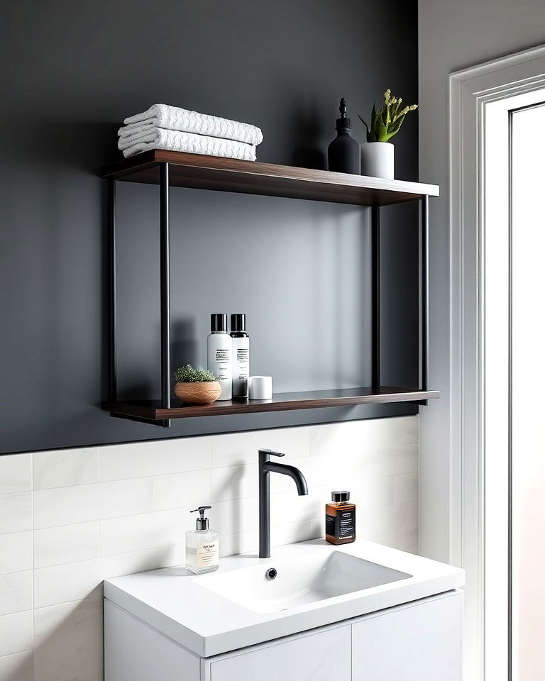 install sleek floating shelves - 20 Masculine Bathroom Ideas