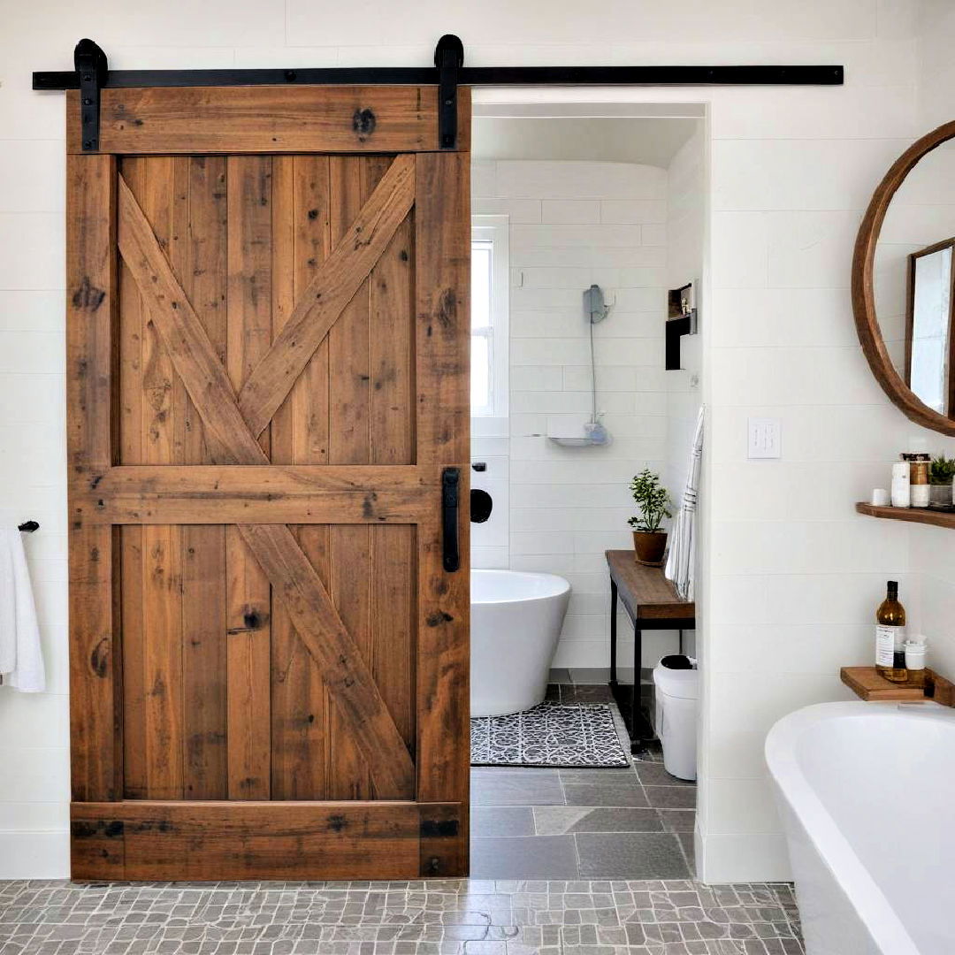 install sliding barn door - 40 Farmhouse Bathroom Ideas