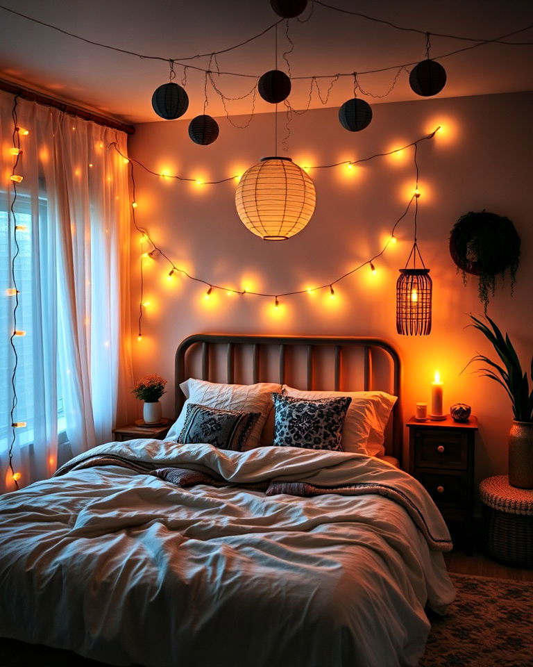 install string lights and lanterns - 25 Hippie Bedroom Ideas