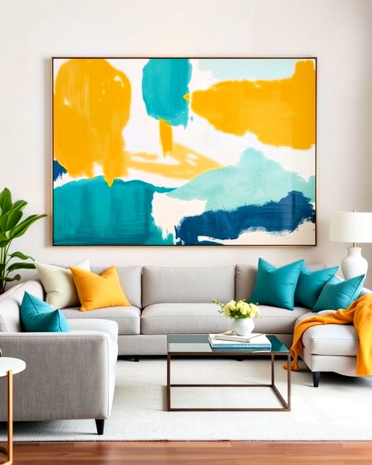 install teal and yellow artwork - 25 Teal and Yellow Living Room Ideas