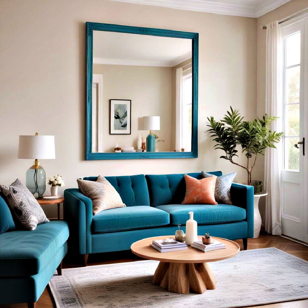 install teal framed mirror - 25 Teal Living Room Ideas