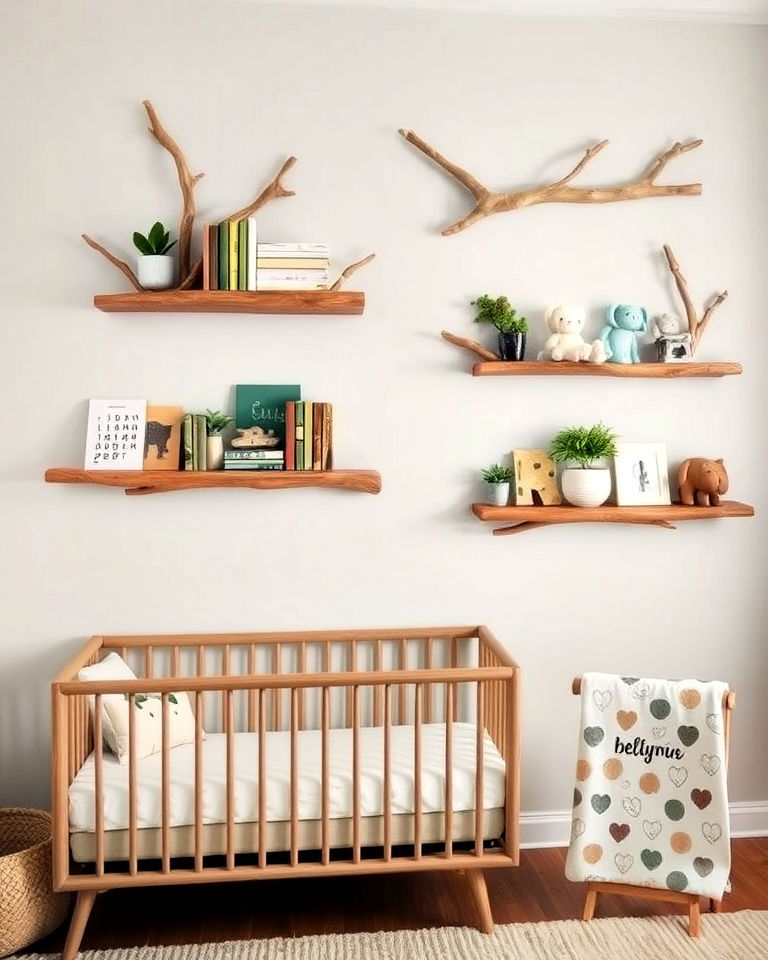 install tree branch shelving - 20 Nature Themed Nursery Ideas