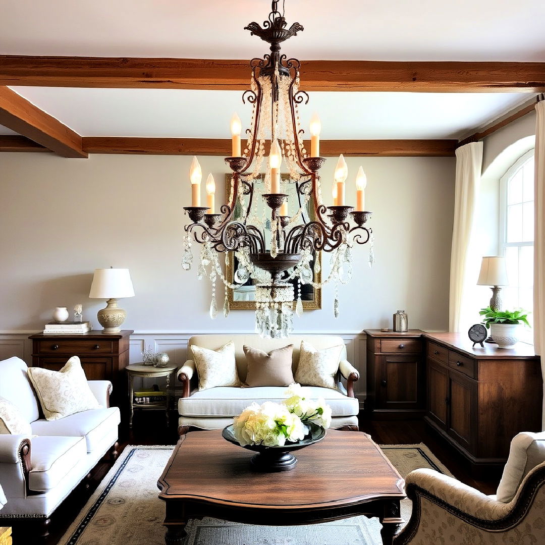 install vintage chandeliers - 40 French Country Living Room Ideas