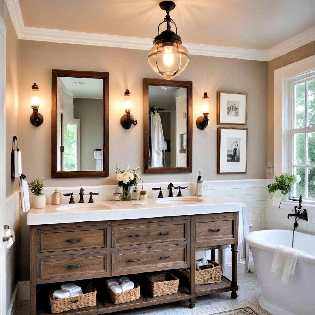 install vintage lighting - 40 Farmhouse Bathroom Ideas