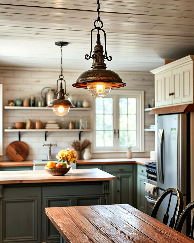install vintage pendant lighting - 15 Shabby Chic Kitchen Ideas