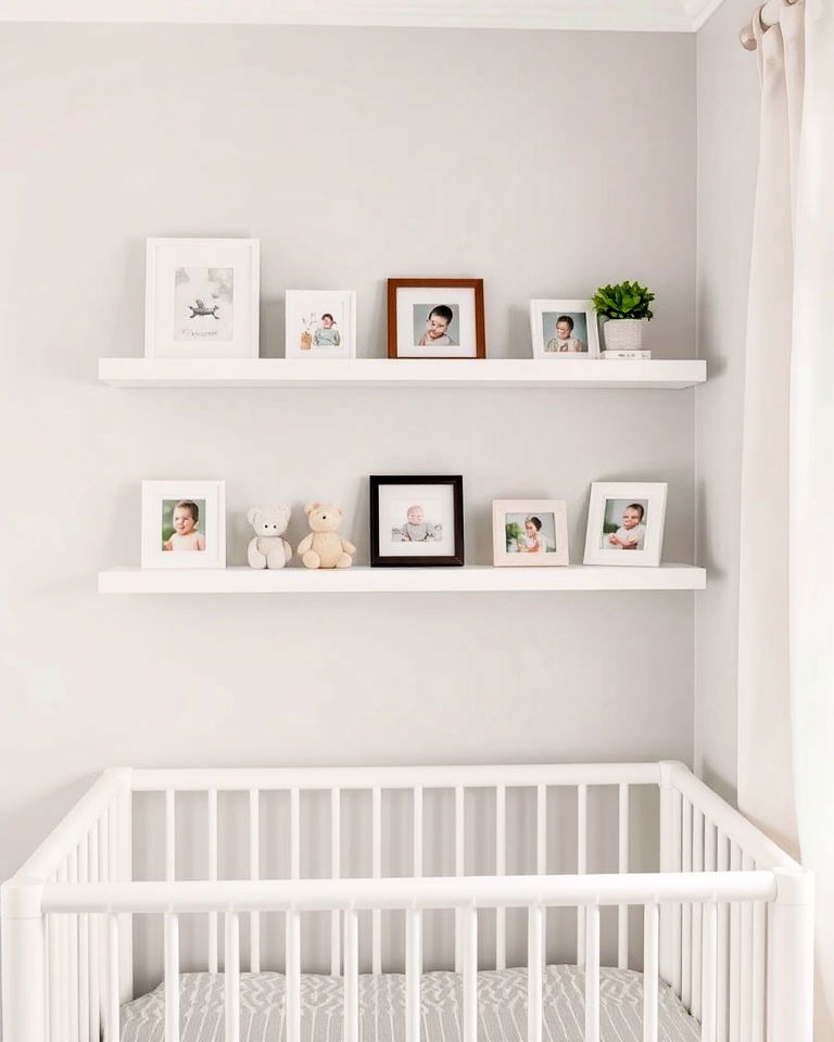 install white floating shelves - 15 White Nursery Ideas