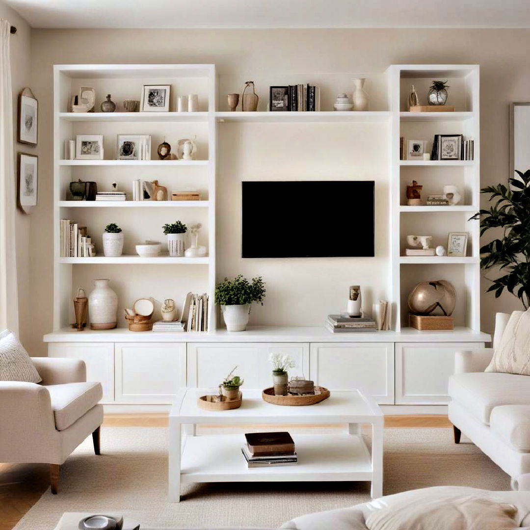 install white shelving - 40 Neutral Living Room Ideas