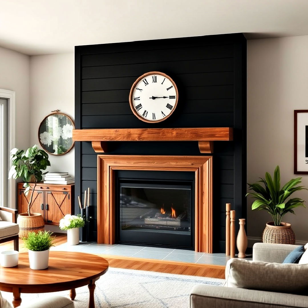install wooden mantel - 40 Black Shiplap Fireplace Ideas