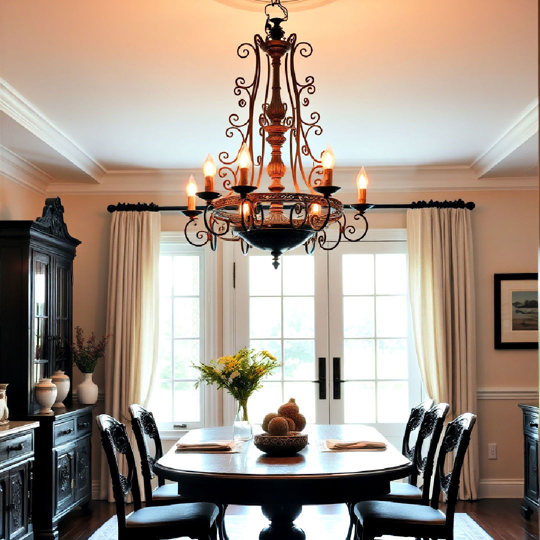 install wrought iron chandelier - 40 French Country Dining Room Ideas