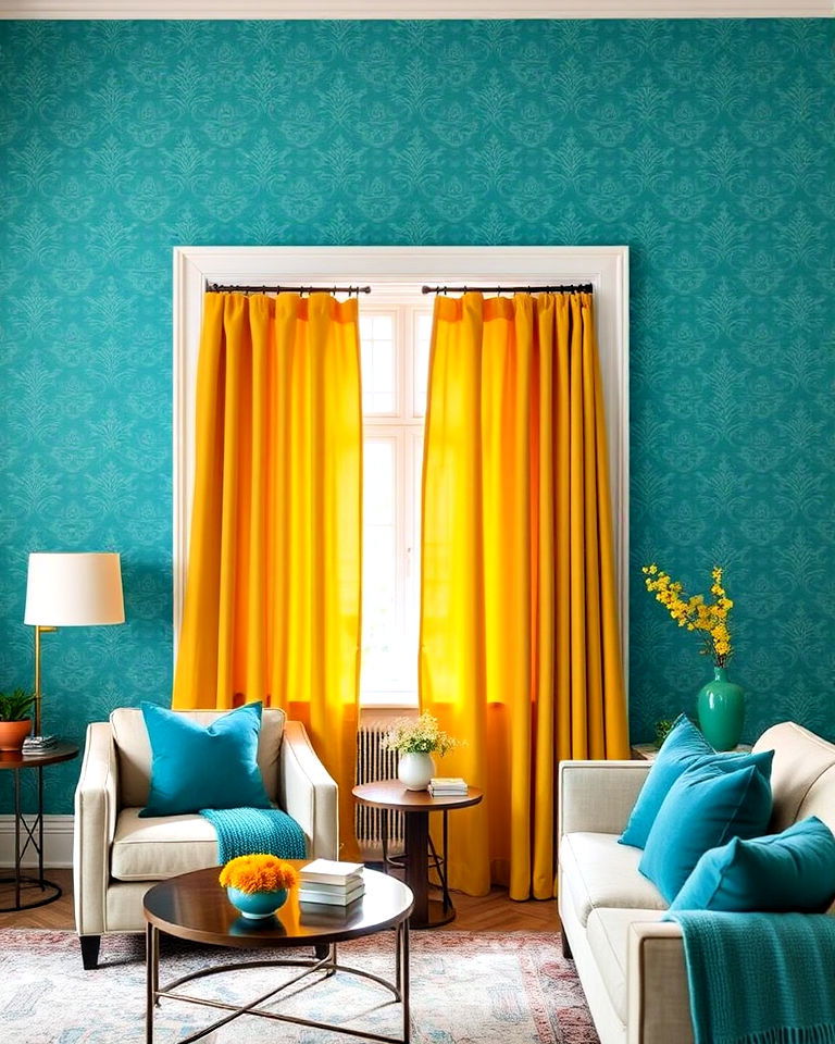 install yellow curtains and teal wallpaper - 25 Teal and Yellow Living Room Ideas