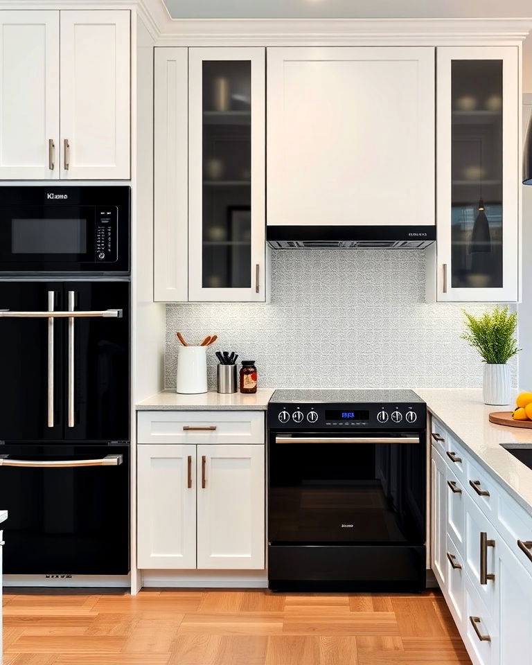 integrated black appliances with sleek white cabinets - 25 White Kitchen with Black Appliances Ideas