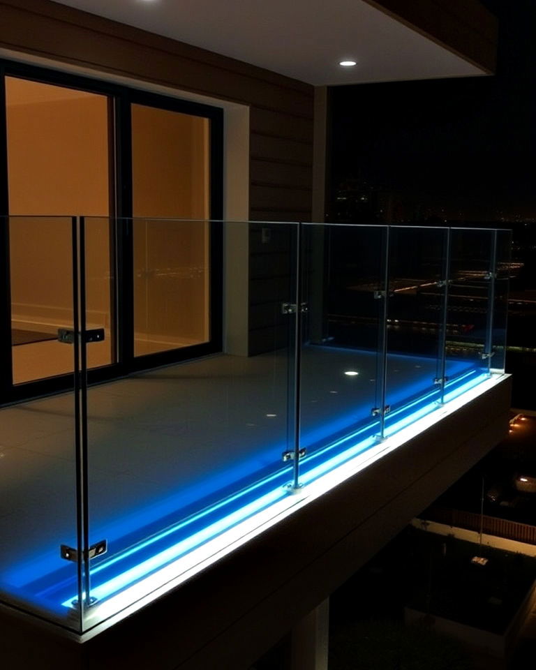 integrated led lighting with glass railings - 25 Glass Balcony Design Ideas