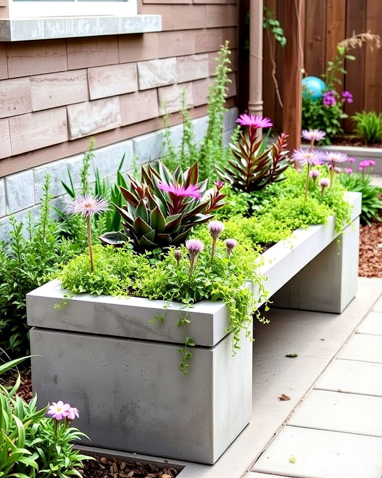 integrated planters with concrete garden bench - 25 Concrete Garden Ideas