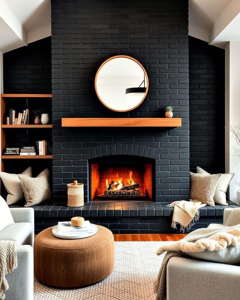 integrated seating around a black brick fireplace - 30 Black Brick Fireplace Ideas