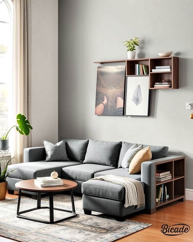 integrated side shelving for sectional - 30 Small Living Room Sectional Layout Ideas