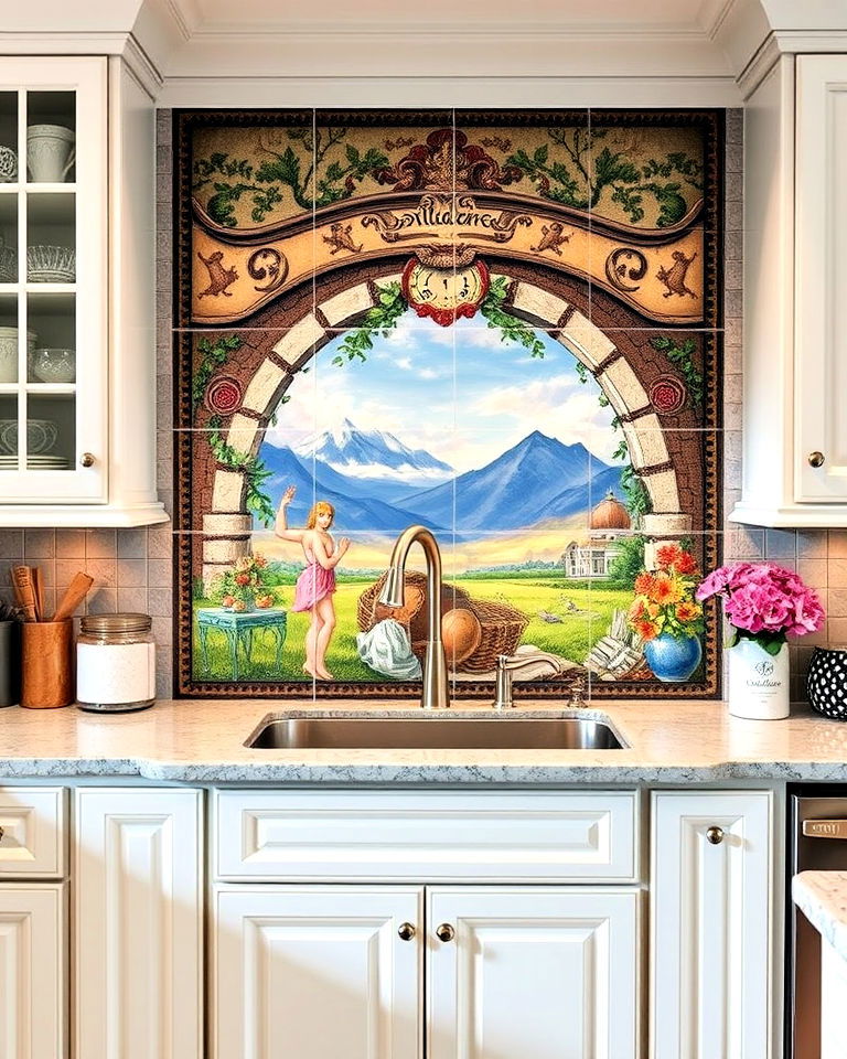 intricate tile mural backsplash for white cabinets - 40 Kitchen Backsplash Ideas for White Cabinets
