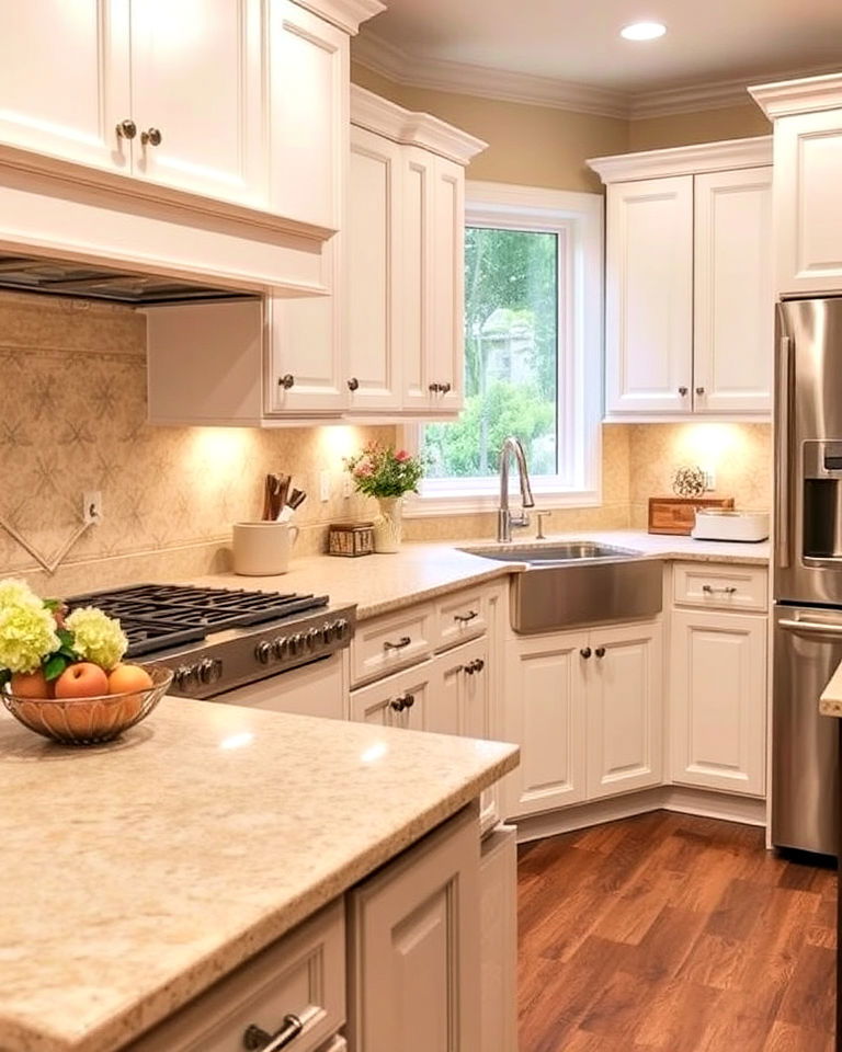 inviting beige quartz countertops for a warm feel - 20 Quartz Kitchen Countertops