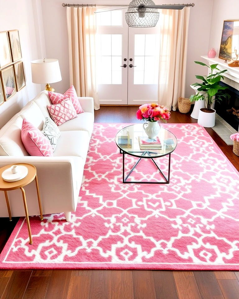 inviting pink area rug with white patterns - 20 Pink and White Living Room Ideas