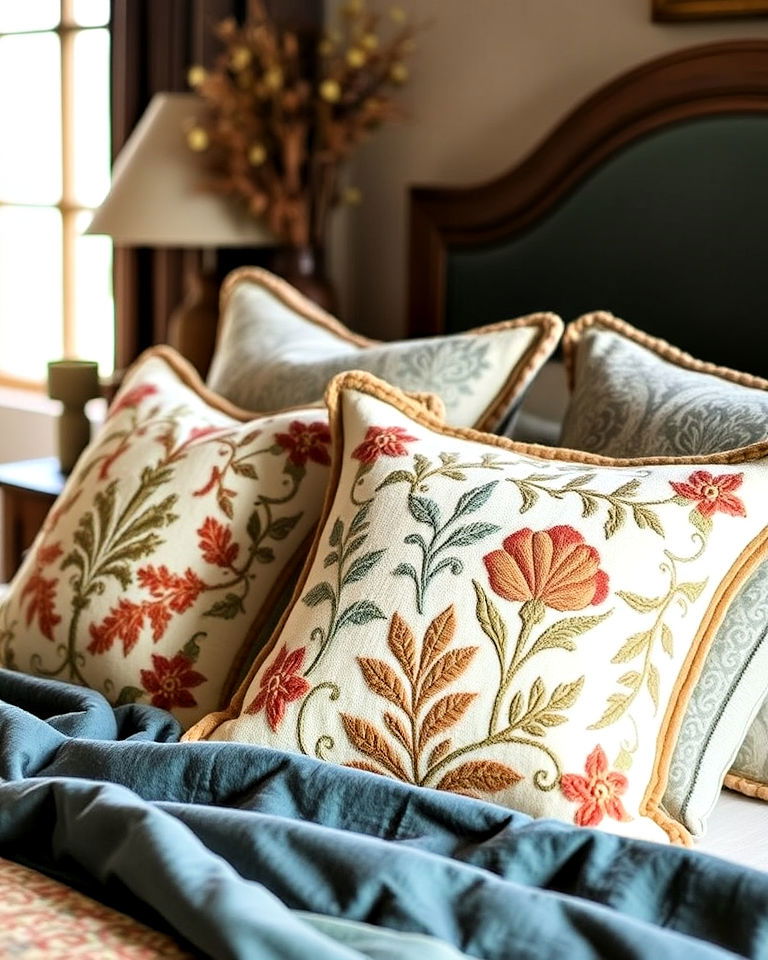 inviting vibe embroidered pillows - 20 Mediterranean Bedroom Ideas