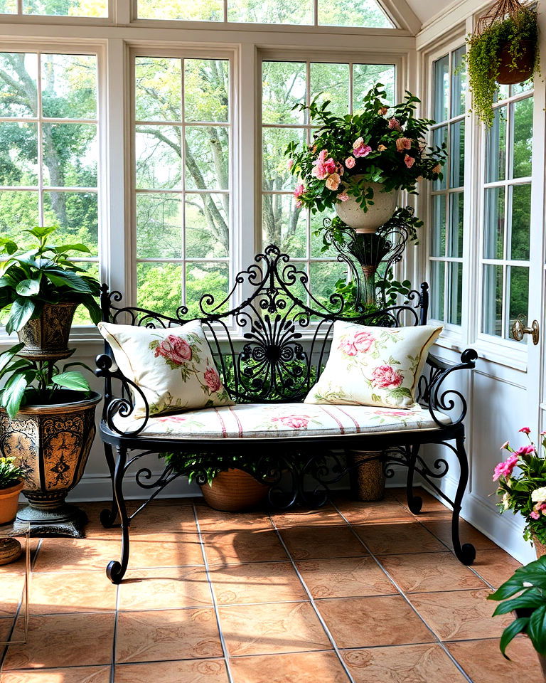 iron garden bench for indoor outdoor feel - 25 Victorian Sunroom Ideas
