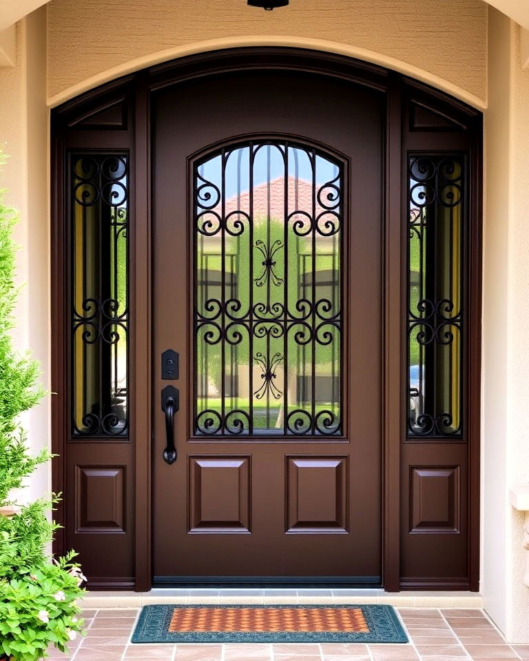 iron grilles for mocha brown front door - 15 Brown Front Door Ideas