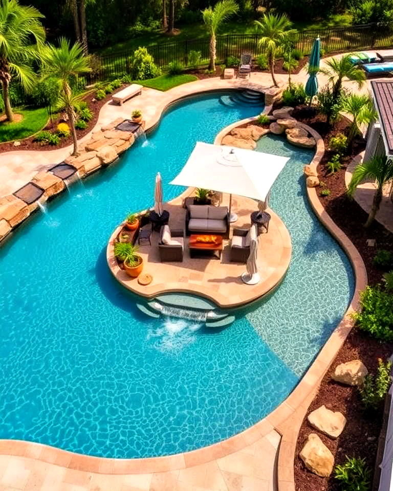 island lounging area with lazy river - 20 Lazy River Swimming Pool Ideas